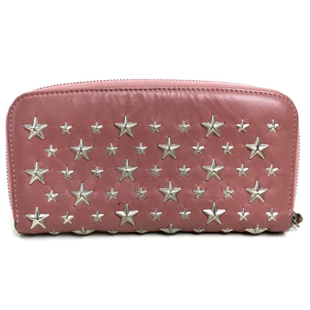 JIMMY CHOO Star Stud Round Zip Long Wallet, Lambskin Leather, Rose Pink, Wome...